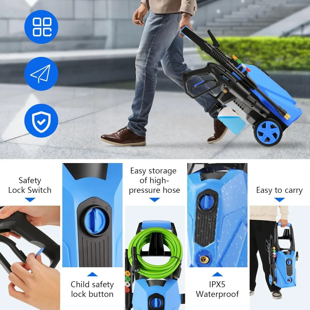 منظف عالي الطاقة مع خرطوم طاقة بطول 33 قدمًا، و4 فوهات ومدفع رغوي، للمنزل والسيارات والأسوار والفناء (أزرق)