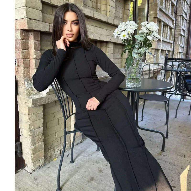 تنورة نسائية طويلة ضيقة ذات لون أنيق طويل Sve ملفوفة على الجسم دكتور مرقع بياقة عالية وسط الخصر للخريف