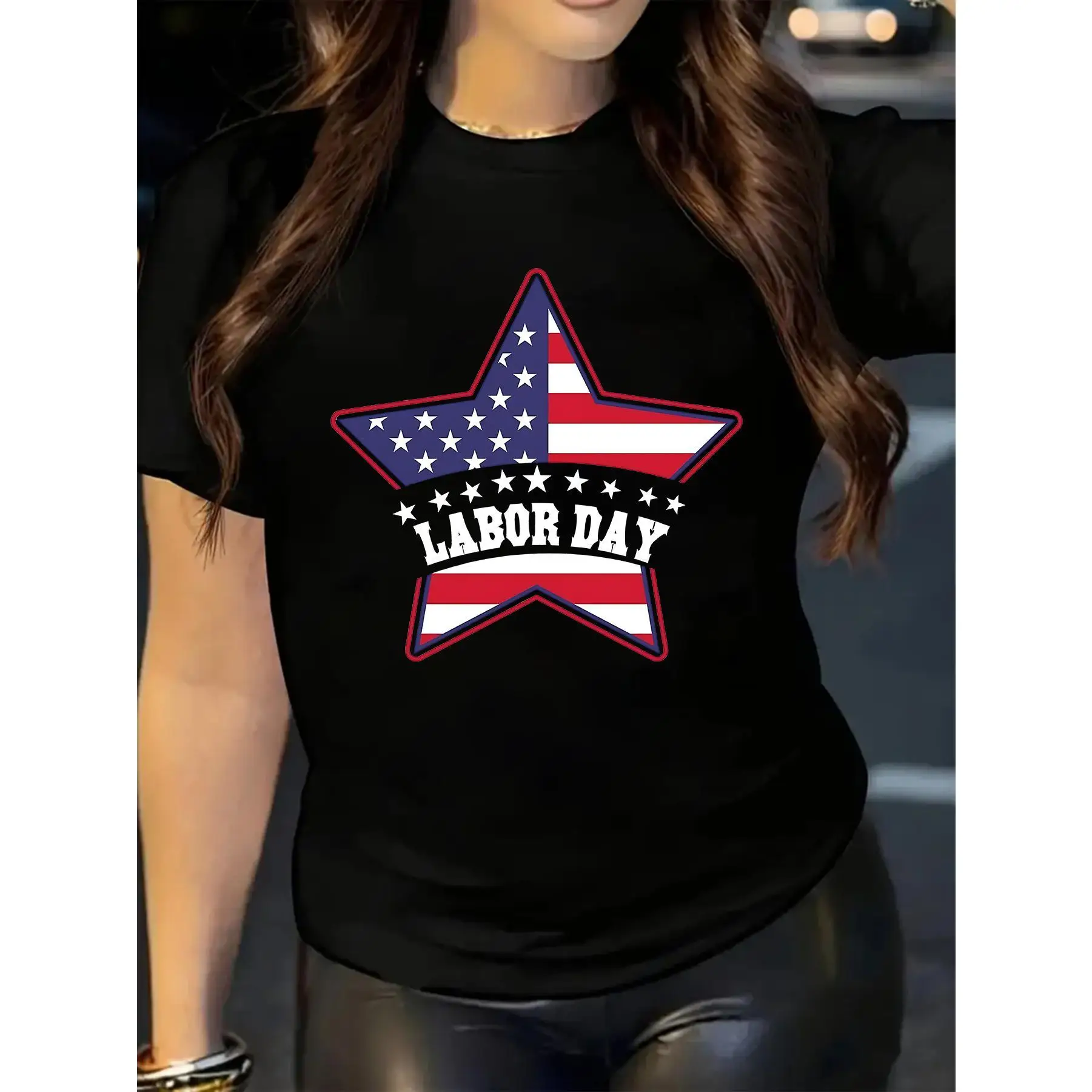 

Women'S Patriotic Labor Day T-Shirt - Casual Crew Neck, Short Sleeve, Polyester Top with American Flag Star Print