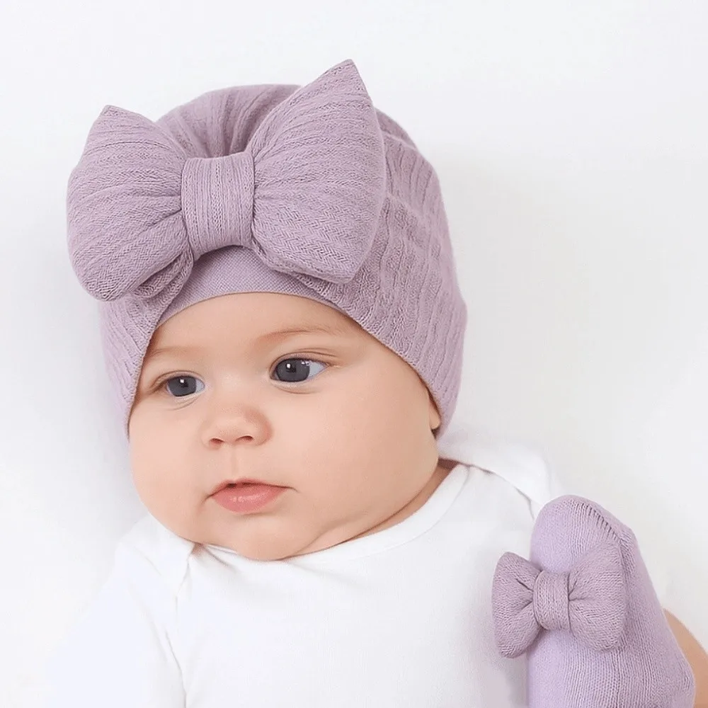 

Headwear Cotton Knit Baby Hat Socks Set 0-12 Months Big Bowknot Baby Bow Fetal Cap Elastic Warm Newborn Turban Hat Baby