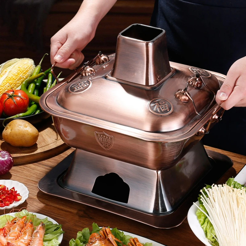 

Copper Hot Pots Old Imitation Square Charcoal Hotpot Burning Carbon Instant-boiled Mutton Commercial Old Beijing Chafing Dishes