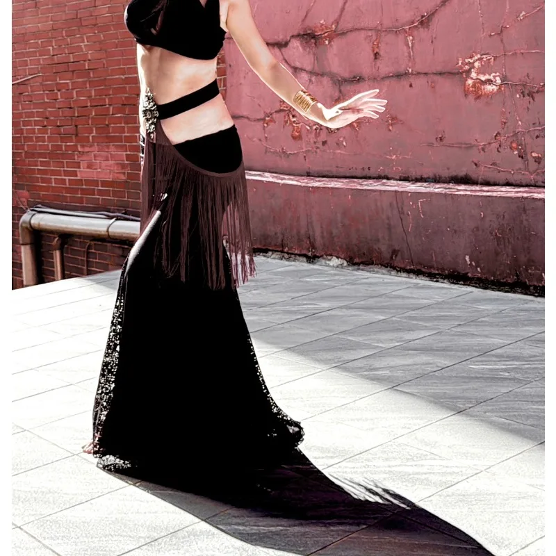 Customized Fusion Tribe Belly Dance Costumes Imitation Assuit Hip Scarf Flamenco Black Oversized Fish Tail Big Swing Skirt