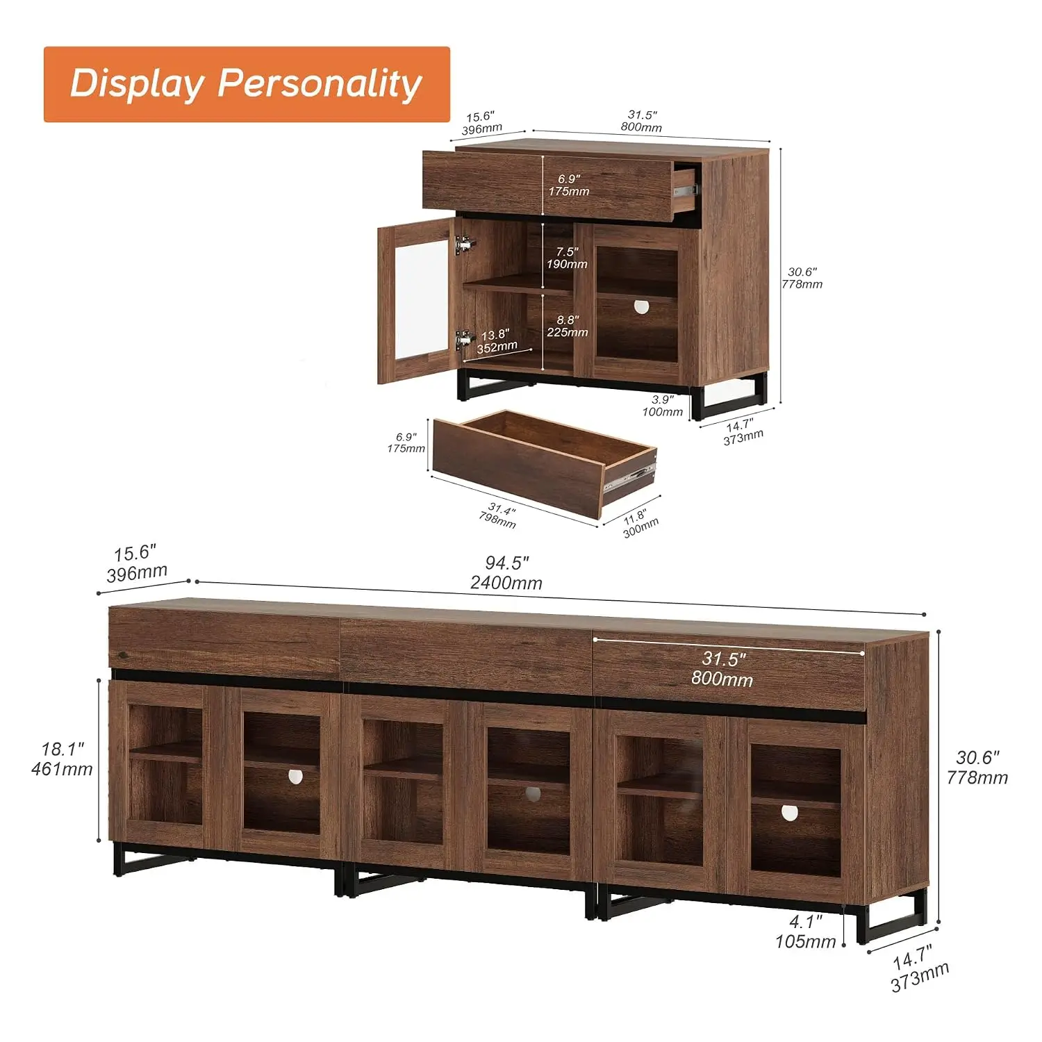 Modern TV Stand with Glass Doors for 70-100 inch TVs, 3 in 1 Entertainment Center Console with 3 Drawers and Metal, Customized