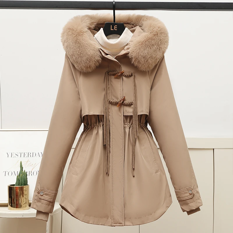 Women's Winter Hooded Long Cotton Jacket Long Sleeve American High Street 90s Office Waist Jacket Warm Coat Winter Clothing 2024