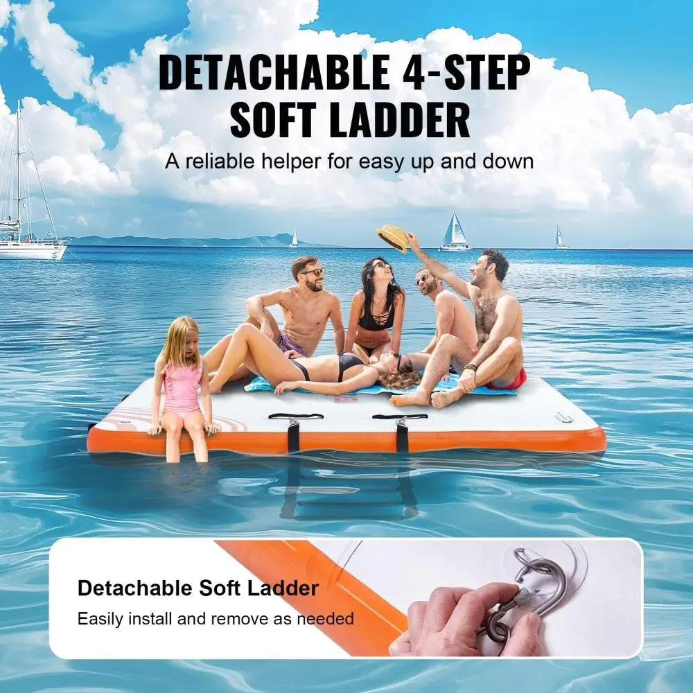 Floating Platform for ocean Pool Beach, 8x6FT Inflatable Dock with Non-Slip Surface, Detachable Ladder & Portable Design