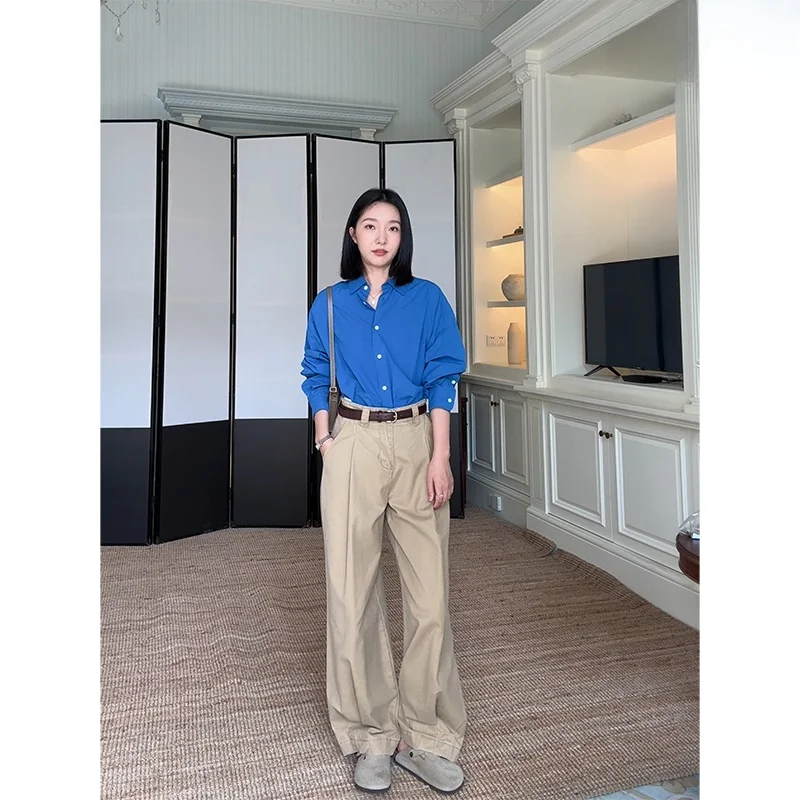 

Свободные хлопковые брюки прямого кроя для женщин, модный осенний комплект, синие, простой дизайн, широкие брюки с эффектом похудения