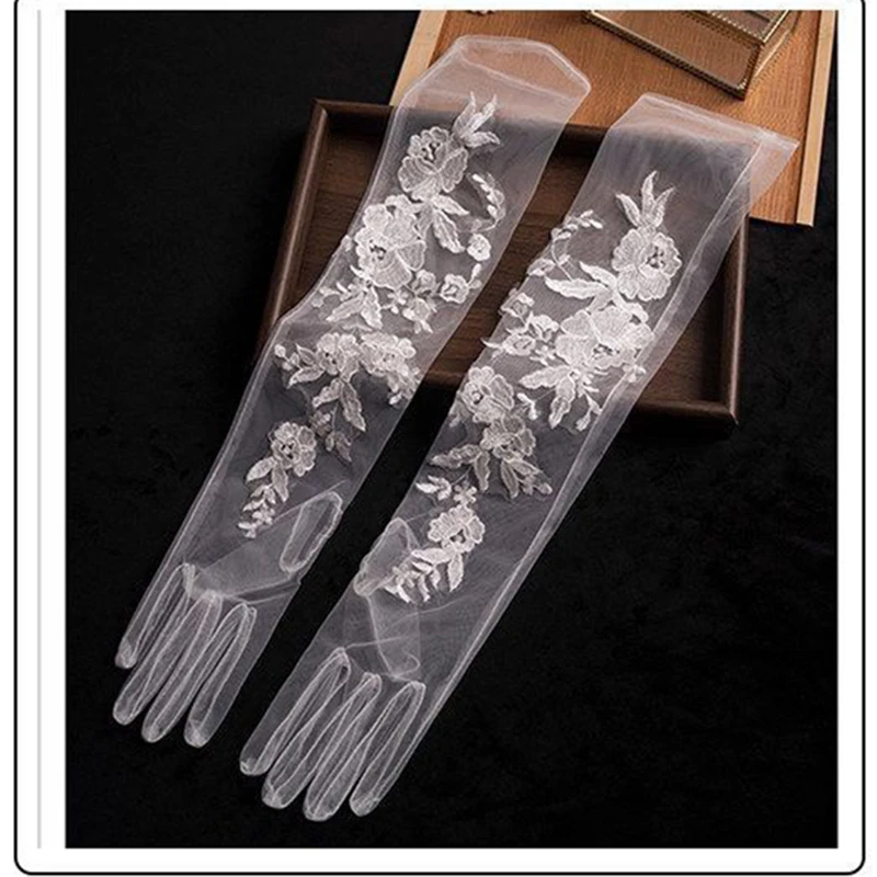 55cm Women's Sheer Tulle Bridal Long Gloves Floral Lace Embroidery Wedding Runway Photoshoot Evening Elegant Luxury Thin