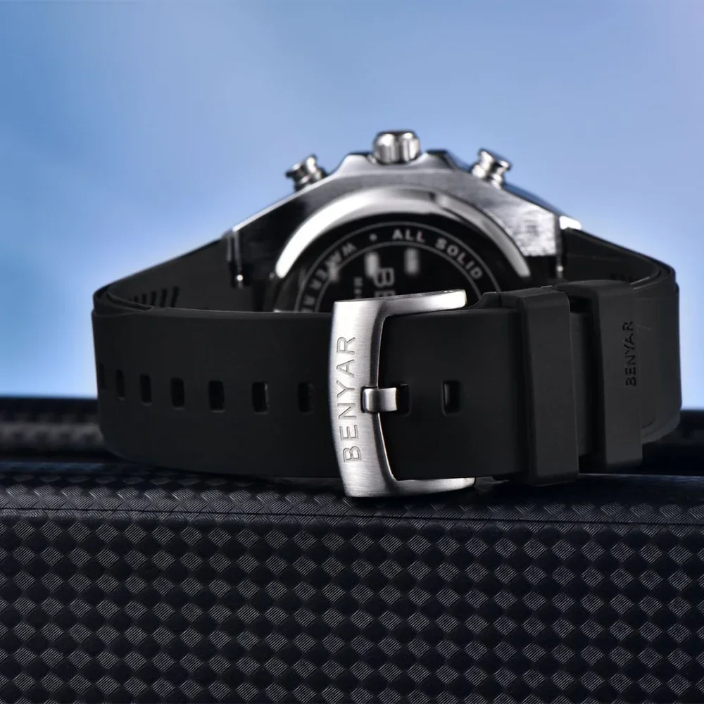 BENYAR ساعة رجالي فاخرة تاريخ كرونوغراف ساعة رجالي فاخرة مقاوم للماء ضوء الليل الرياضة العسكرية ساعة كوارتز رجالية صندوق هدايا #4