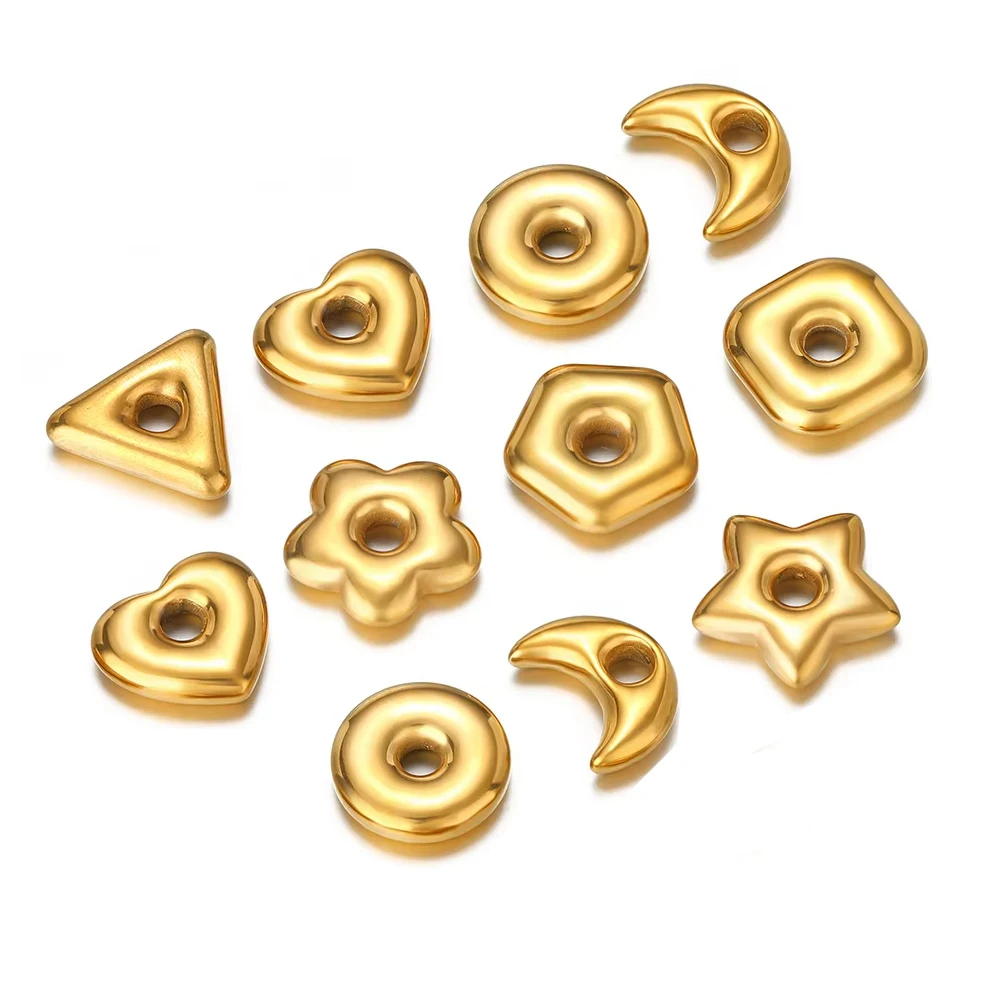 6Pcs/lot Stainless Steel Gold Round Square Heart Big Hole Spacer Bead Charm for DIY Earring Necklace Jewelry Making Supplier