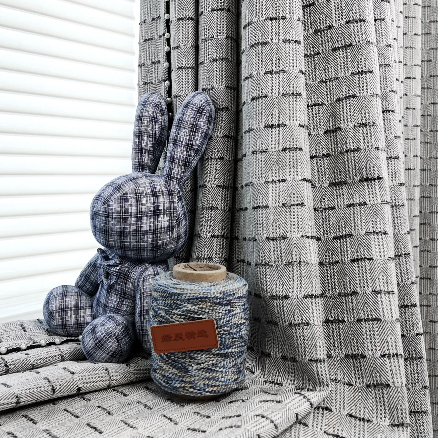 New Grey Woven Herringbone Pattern Wool Jacquard Pearl Lace Curtains for Living Room Bedroom French Window Customized Finished