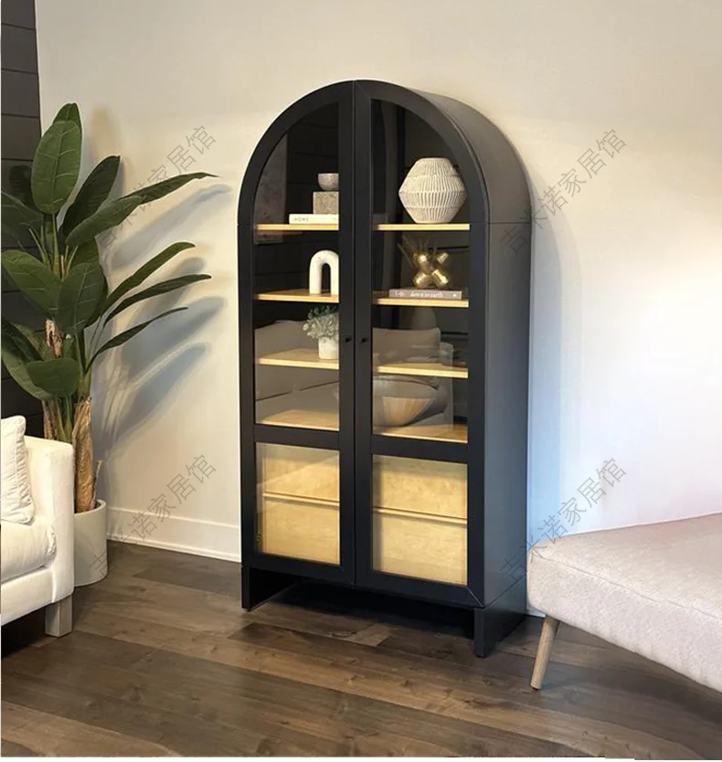 

American Style Solid Wood French Retro Wine Cabinet Home Study Storage Living Room Glass Door Display Cabinet