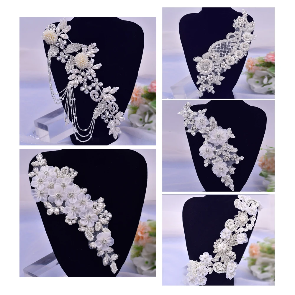 TOPQUEEN (1pc) Embroidered Lace Applique Sewing Flower Fabric Collar Patch For Wedding Party Gown Bridal Dress Clothes DIY Craft