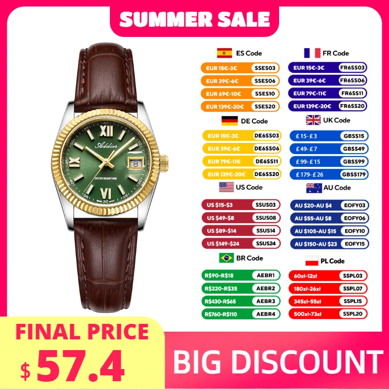

ADDIES Luxury Couple Watches 585 Quartz Leather 50m Waterproof Outdoor Sports Watch BGW9 Luminous Stainless Steel Couple Watch