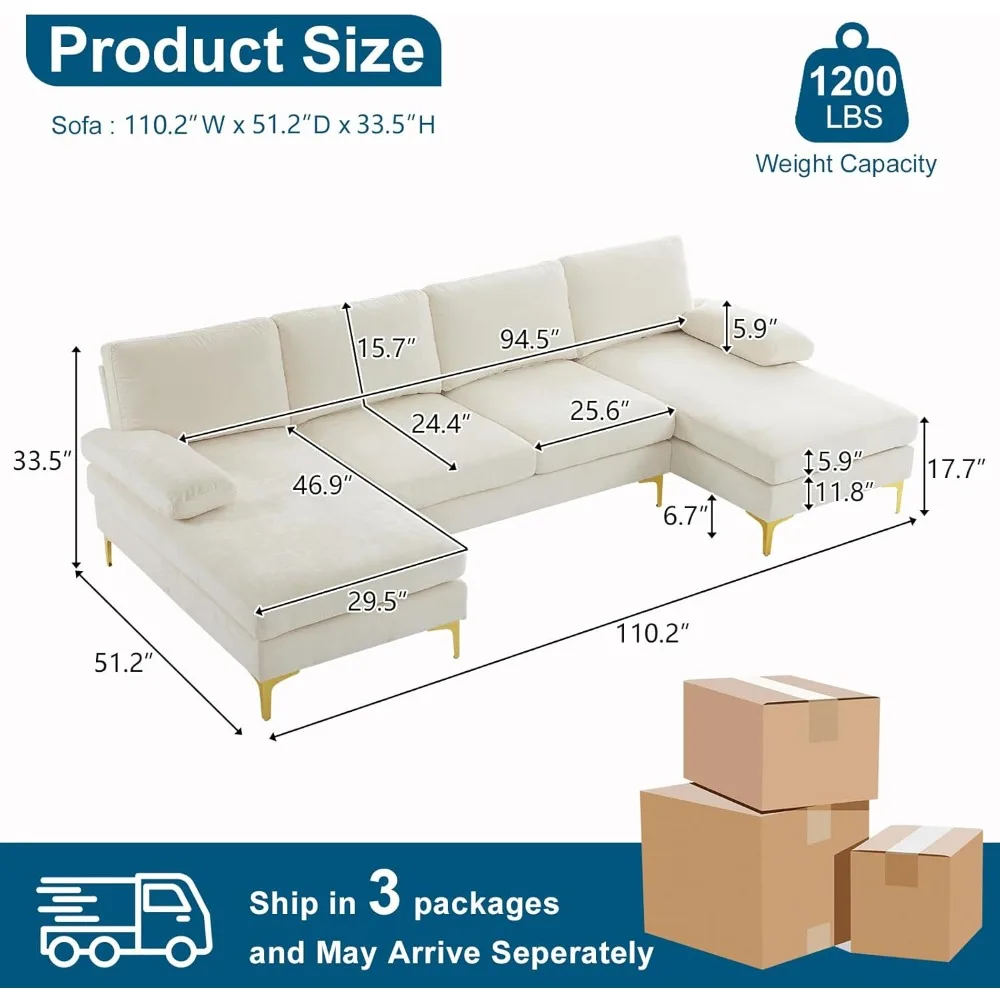 110 أريكة مقطعية كبيرة على شكل حرف U مع كرسي مزدوج 51 D لغرفة المعيشة، مجموعة أريكة مقطعية حديثة مع ناعمة 5.9