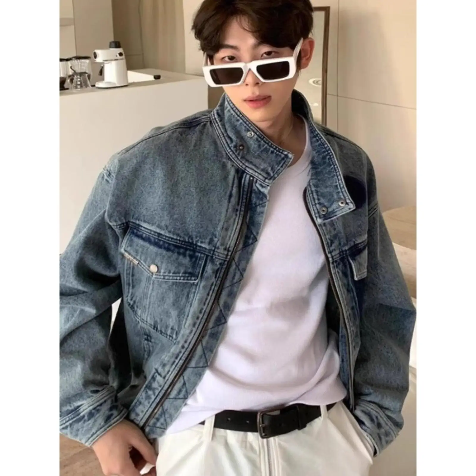 

American Sle Premium Loose Large Size Stand Collar Men's Denim Jaet Autumn Winter Multi ket Faion Workwear Jaet