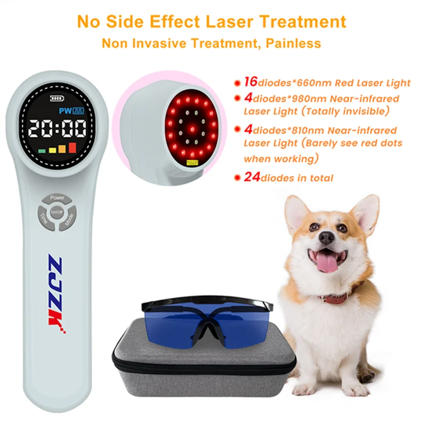 ZJZK-Laser Infrarouge pour Thérapie Corporelle LLLT, 980nm x 4 810nm x 4 660nm x 16, Lumière Rouge pour Talon, Déterminer la Thérapie au Laser Froid pour Chiens