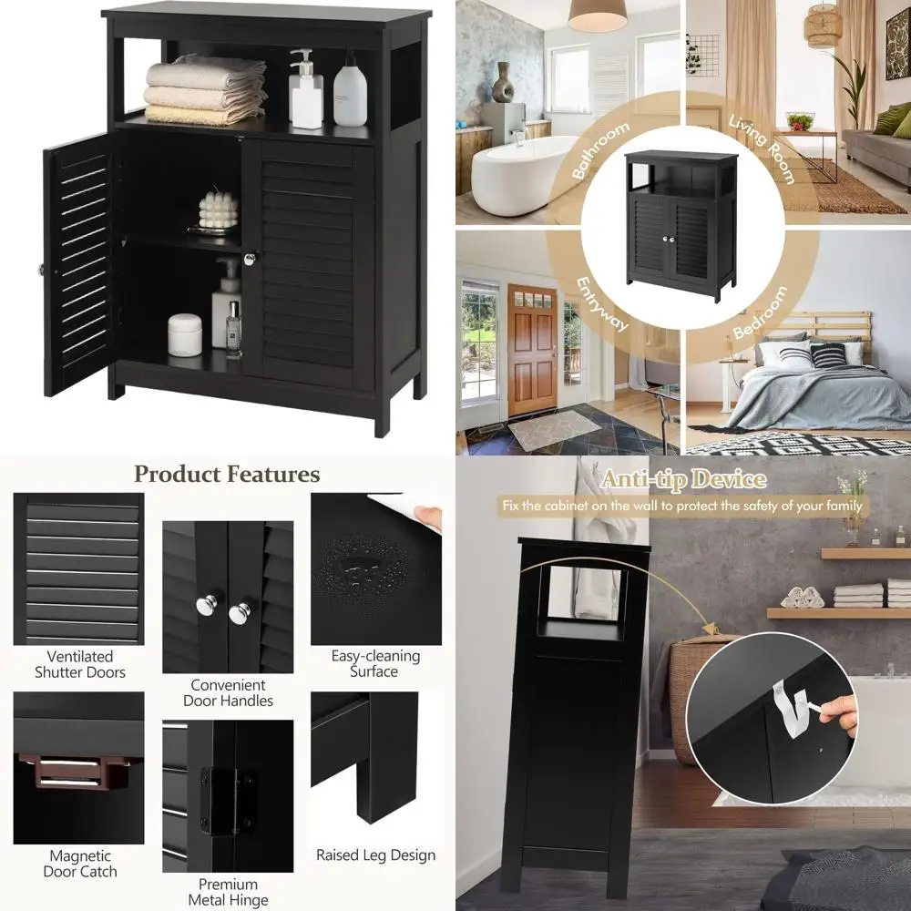 

Wooden Floor Cabinet with Louver Doors and Removable Shelf for Storage in Living Room, Kitchen, and Entryway - Black