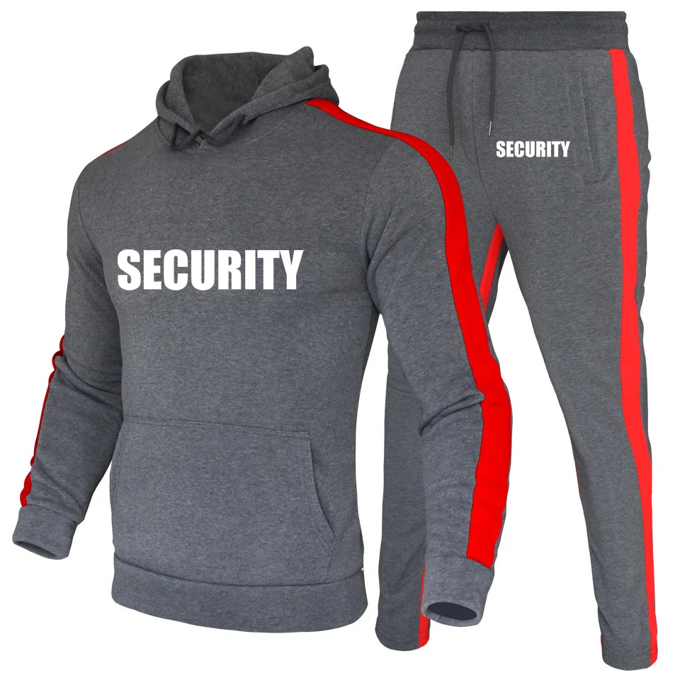 Spring Autumn Men's Suit Security Uniform Print Hoodies Sportwear Fashion High Quality Cotton Mens Sweatshirt+Sweatpants 2Pcs