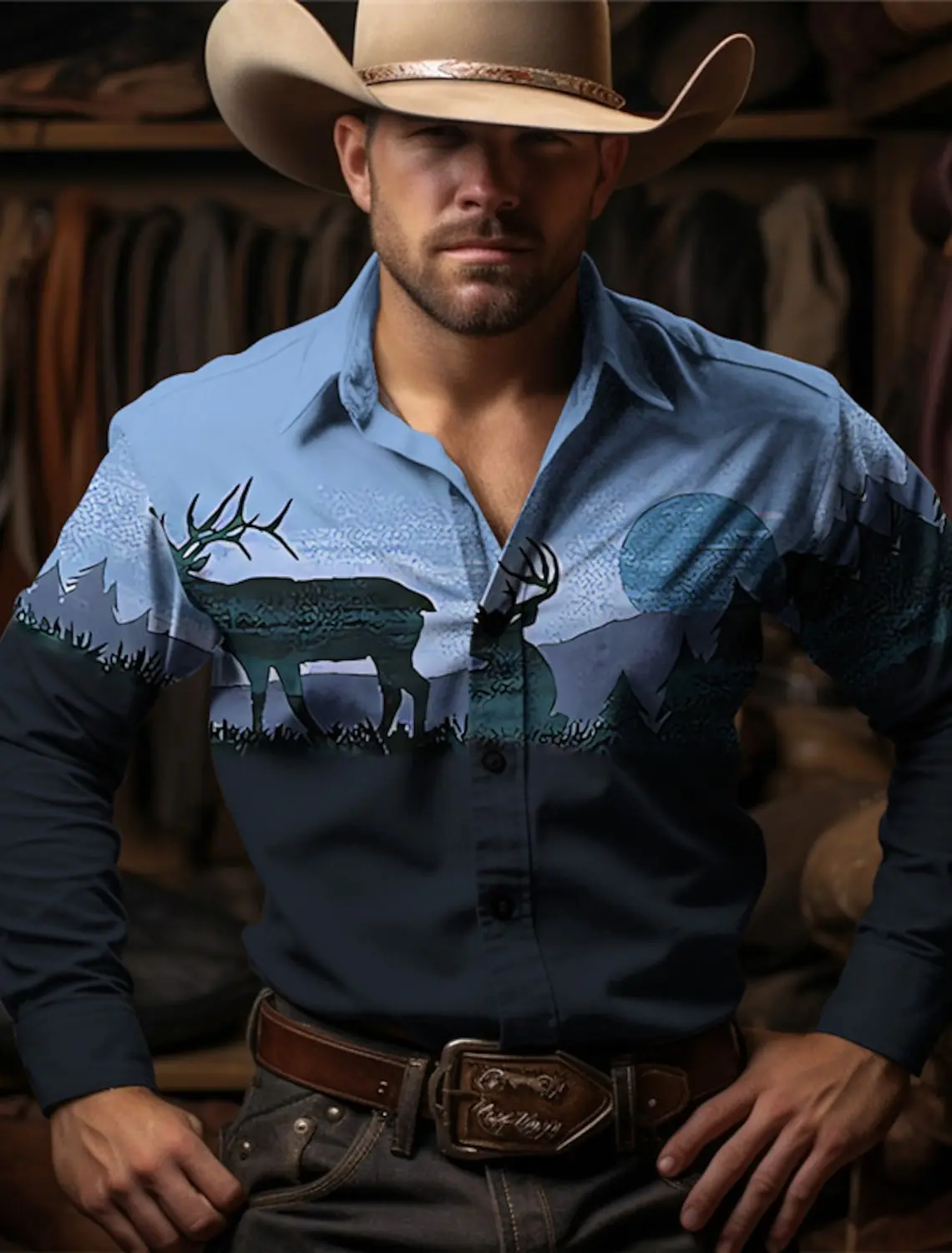 Cactus Cowboy Vintage estilo occidental camisa de hombre camisa occidental calle al aire libre Casual Otoño e Invierno camisa de manga larga