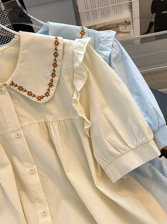 Colar de boneca bordado ort sve feminino irt versátil formal sle verão novo design redução de idade topo na moda