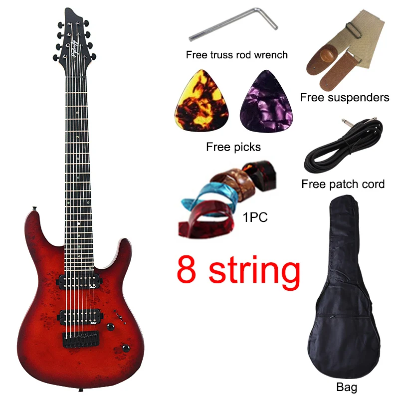 Tree Burl Top Electric Guitar 8 String 39 Inch High Gloss Solid Okoume Wood Body 24 Frets 5 Pcs Maple Wood Combine Neck