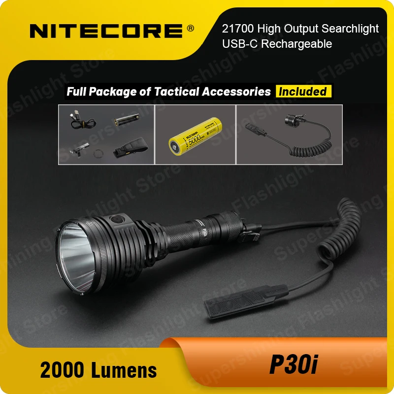 NITECORE P30i led flashlight 2000 lumens, 21700 High Output Searchlingt, USB-C Rechargeable，Chinese outer packaging