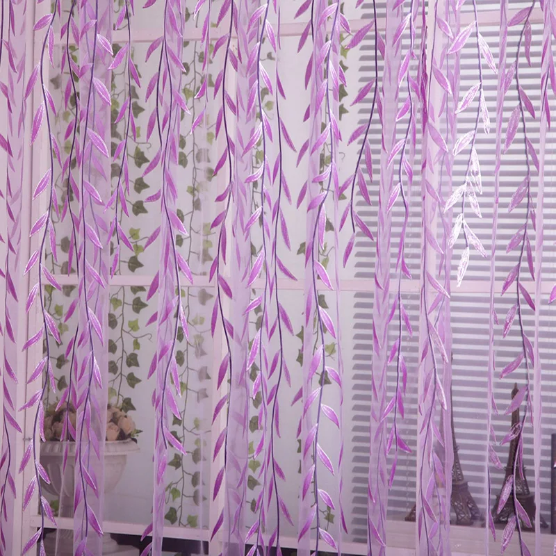 Wicker Style Purple Green Transparent Curtains Leaves Curtains Pastoral Style Floral Window Decorative For Bedroom Living Room