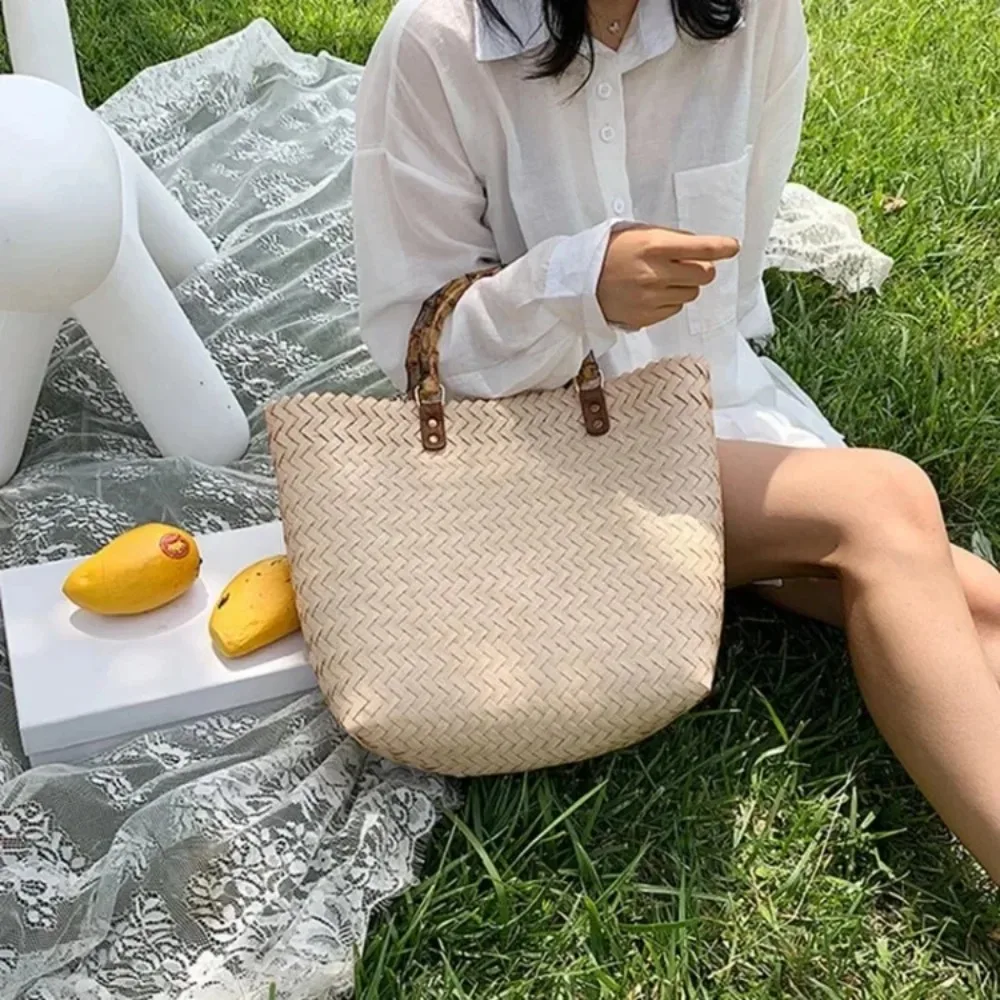 

Тканая сумка для женщин, плетеная сумка из французской соломы в стиле ретро, универсальная водонепроницаемая сумка большой вместимости, богемная пляжная сумка для отдыха