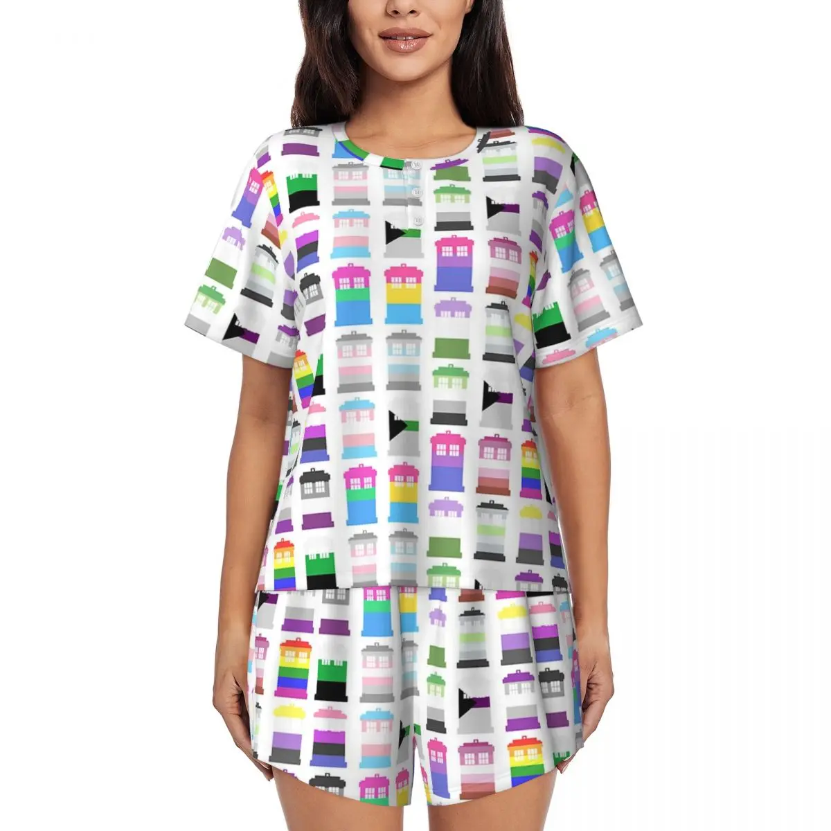 

Doctor Who LGBT TARDIS Gay Pride Round Neck Short Sleeves Nightdress for Sleeping Sleepshirts Women Soft Pajama Set Short Pants