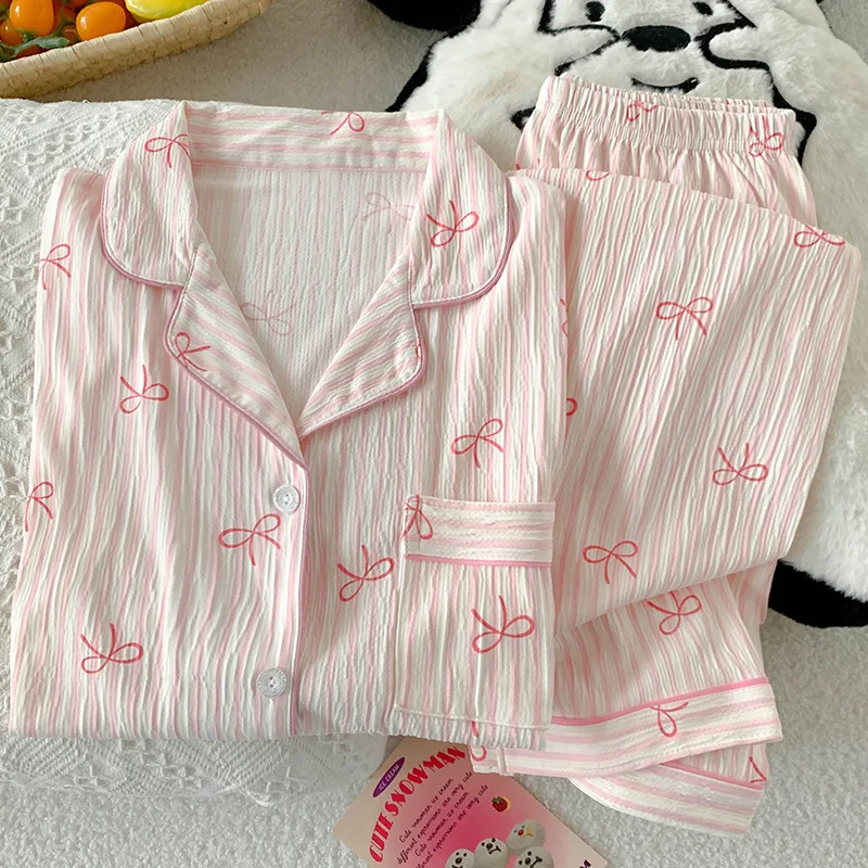 

New Spring/Fall Korean-Style Instagram Sweet Bow Striped Ruffled Pajamas Set Casual Long-Sleeve Top and Pants Homewear Set