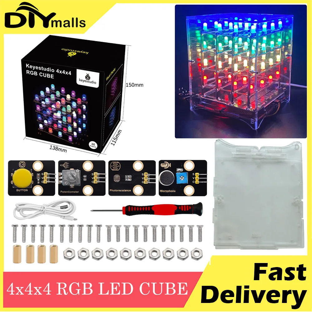 

Keyestudio Colorful 3D 4x4x4 RGB LED Cube Kit 444 light cube Music Spectrum Kit Microcontroller Electronic DIY Square Parts Kit