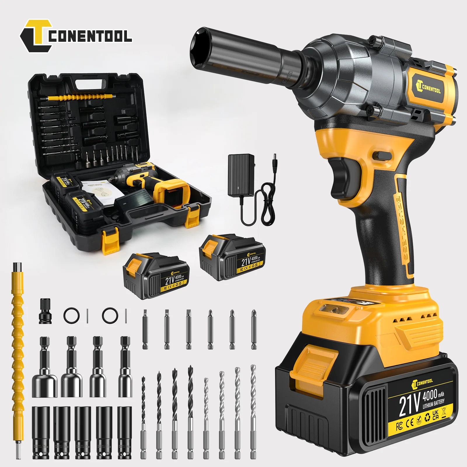 CONENTOOL Brushless Impact Wrench 1200Nm 1/2" Square Drive 4000mAh Cordless Electric Wrench Drill Set with LED & Display for Makita 18V Battery Pin