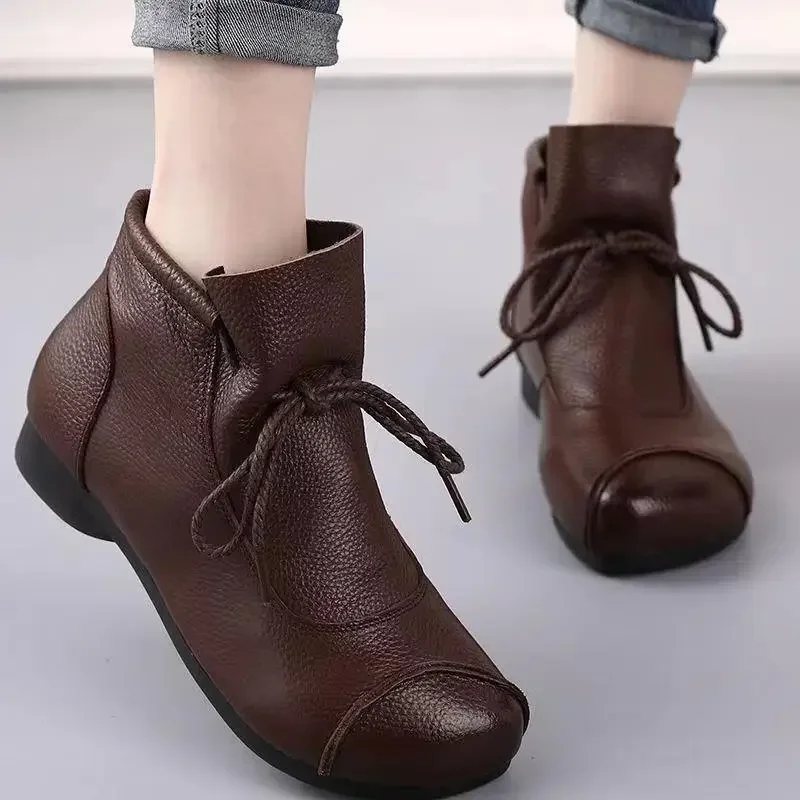 2024 Hot Sale Shoes Female Lace Up Women\'s Boots Winter Retro Round Toe Solid Short Barrel Low-heeled Casual Botas De Mujer