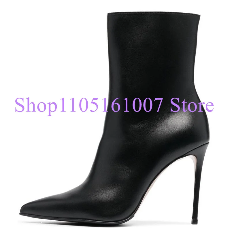 

Black Leather Thin Heel Pointed Toe Lady Ankle Boots Fashion Stiletto Heel Large Size Woman Short Booties Female Dress Shoes