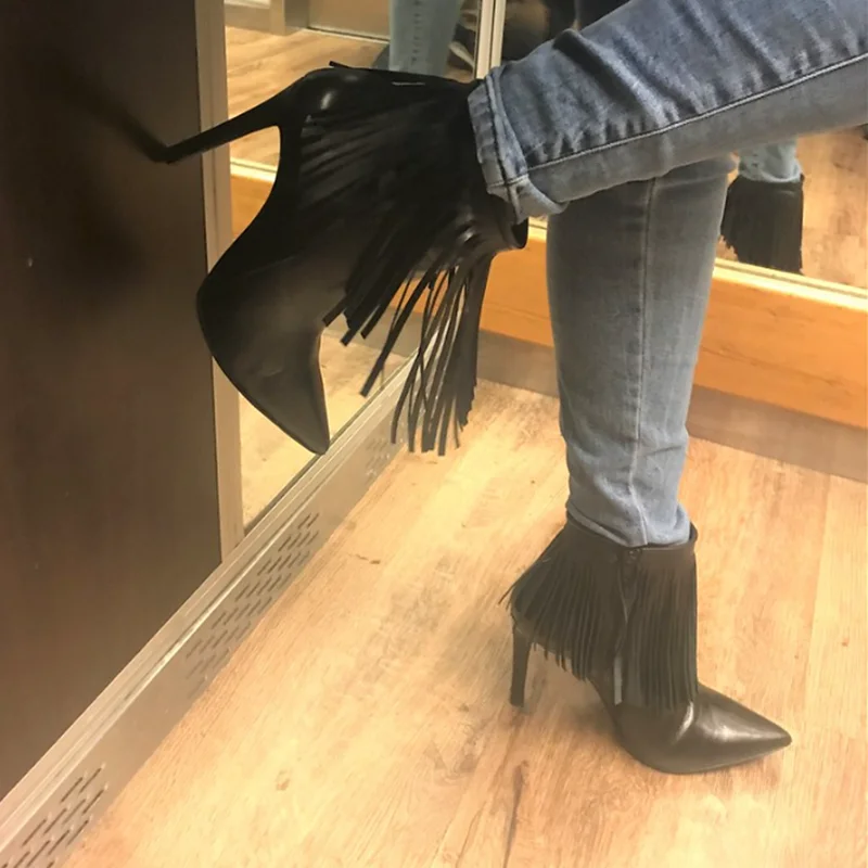 

Black Tassels Mid Calf Matte Boots Pointed Toe Thin High Heel Fashion Sexy Winter Big Size 2024 Woman Shoes Zapatillas Mujer