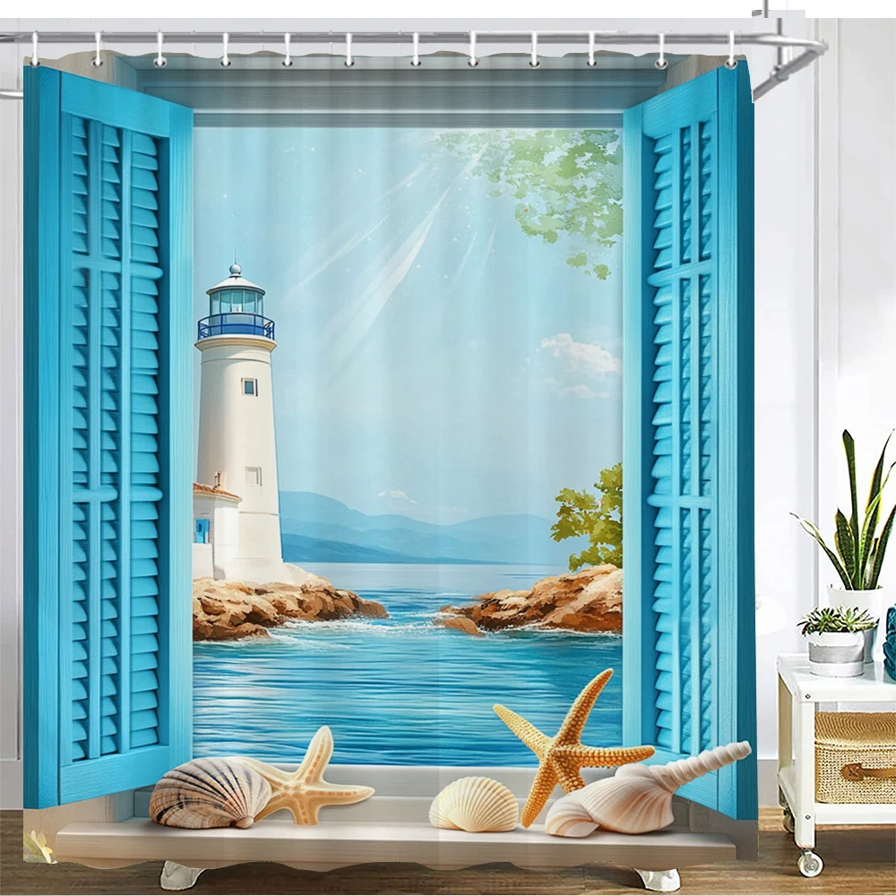 

The scenery outside the blue beach window Shower Curtain Bath Curtain Printed Bathroom Curtains for Home Decoration Curtain