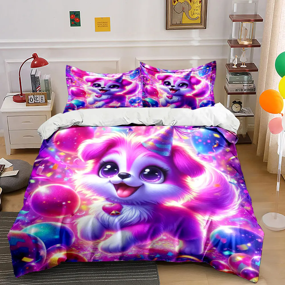 Colorful Balloon Party Pink Puppy Duvet Cover Set with 3D Printing Design Soft Polyester Bedding Set All-Season Comfort