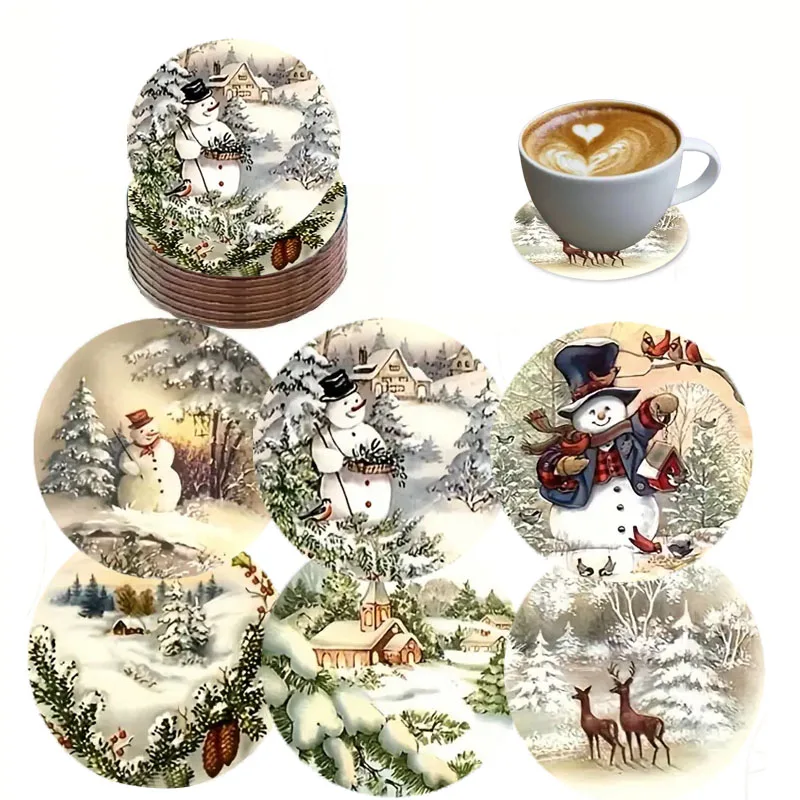 6 Pieces/Set of Christmas-Themed Patterned Wooden Anti-Slip Coasters, Suitable for Home Offices and Theme Party Decoration