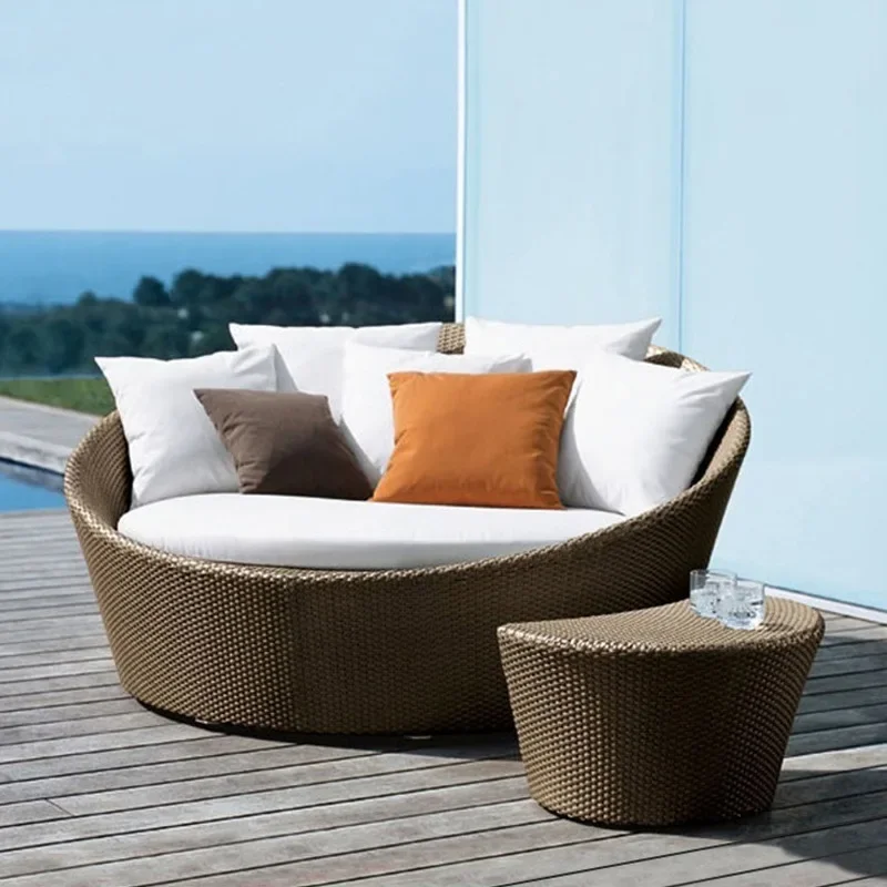 

Outdoor leisure rattan sofa, garden courtyard swimming pool, bed balcony, open-air garden, rattan round bed lounge chair rattan