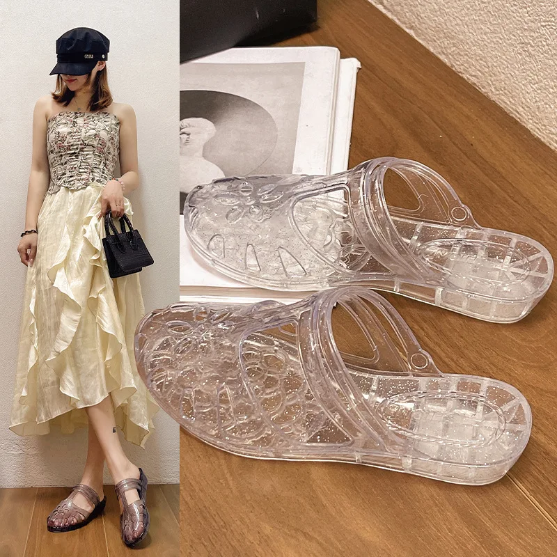 

Princess flat shoes crystal slippers women's wear non-slip and deodorant wedge heel bag head cool slippers bath plastic shoes