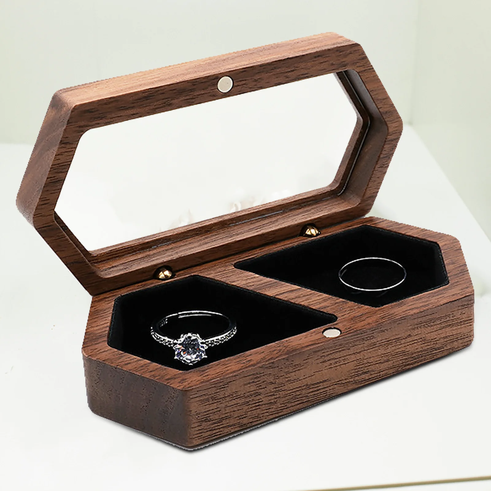 

Деревянная шкатулка для колец, большая вместимость, элегантный футляр для ювелирных изделий, держатель для обручальных колец, декоративная витрина для предложения и свадебной церемонии