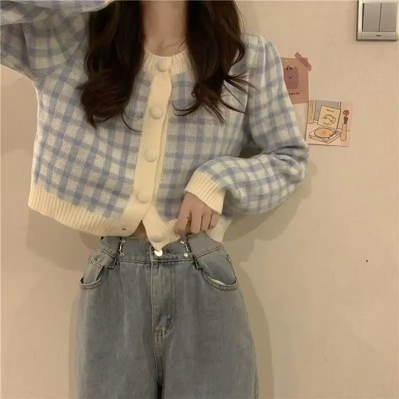 Vintage O-neck Plaid Long Sleeve Knitting Cardigan Coat Women Autumn Casual Slim Sweater Fashion All-match Trend Knitwear Tops