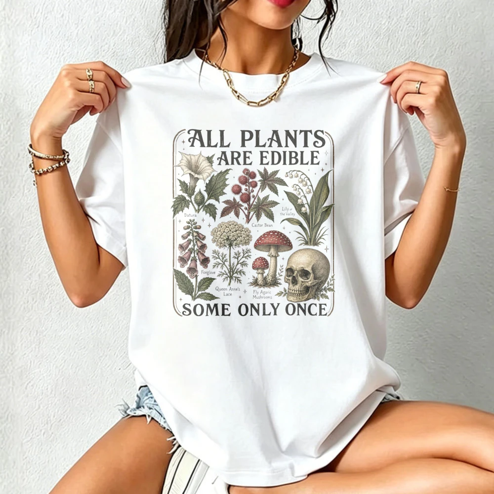 Botanical Skull Mushrooms Short Sleeve Tees Vintage Plants Cotton Sweatshirt All Plants Are Edible Some Only Graphic T Shirts