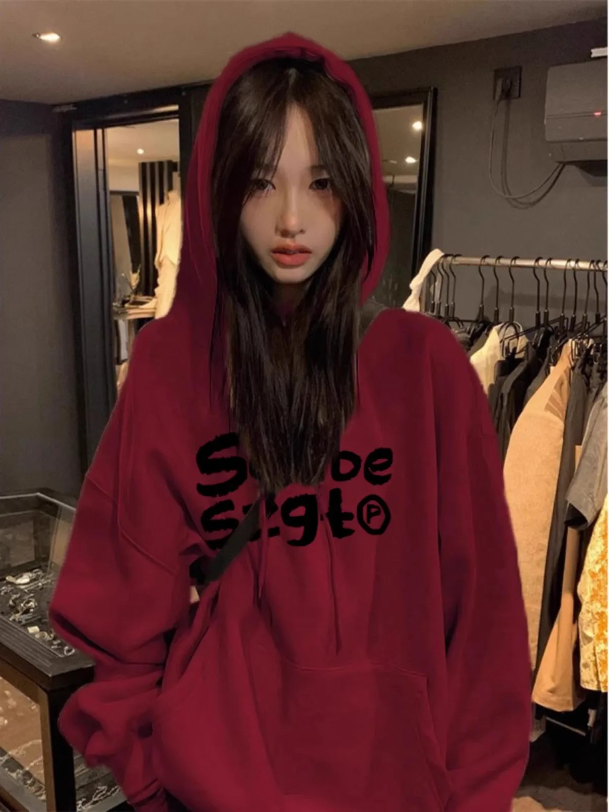 Burgundy Hooded Sweatshirt for Women Spring & Fall Thin NicheoversizeAmerican Retro Hong Kong Style Loose Outwear Top