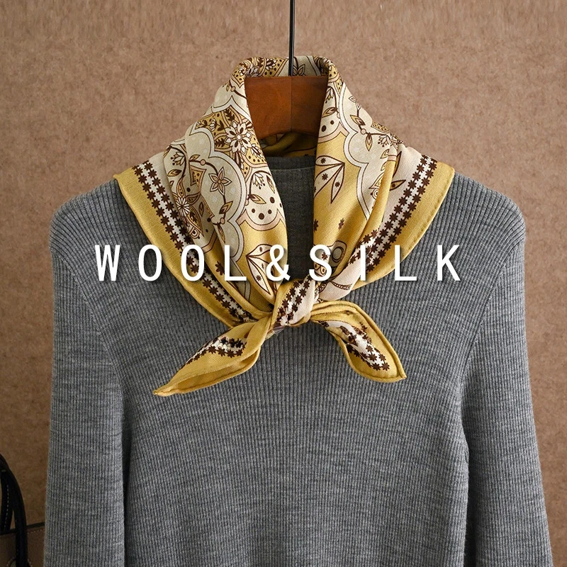 2027 Vintage Paisley Silk Wool Square Scarf For Women Soft Warm Neck Neckerchief Yellow Head Bandana Boho Shawl