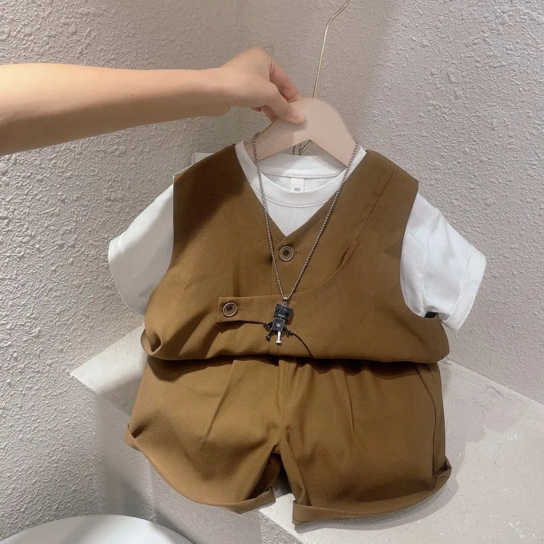 

Boys' Suit Children's Summer 2022 New Baby Boy Short Sleeve Shorts T-shirt Fashion and Handsome Vest Three-Piece