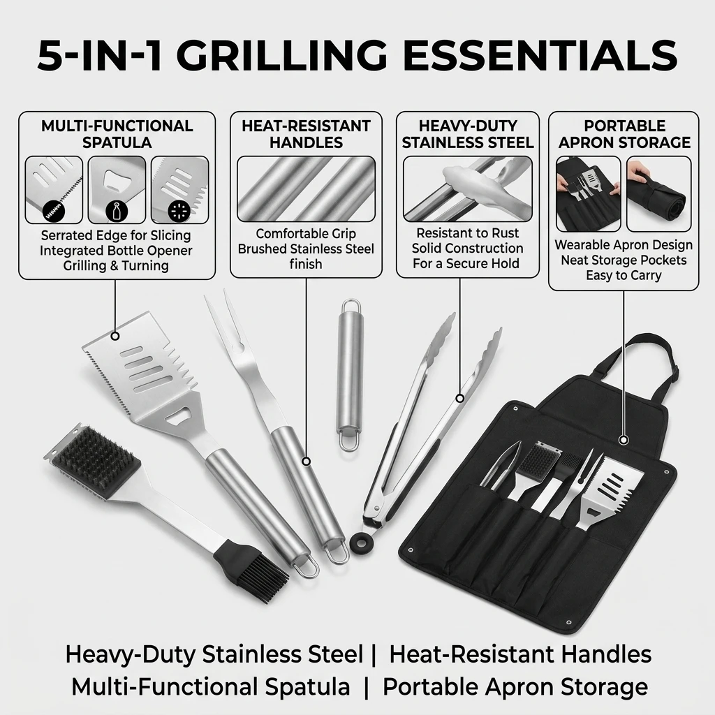 BBQ Tool Set 5-Piece Stainless Steel Grilling Accessories with Apron Storage Bag Spatula Fork Tongs for Outdoor BBQ