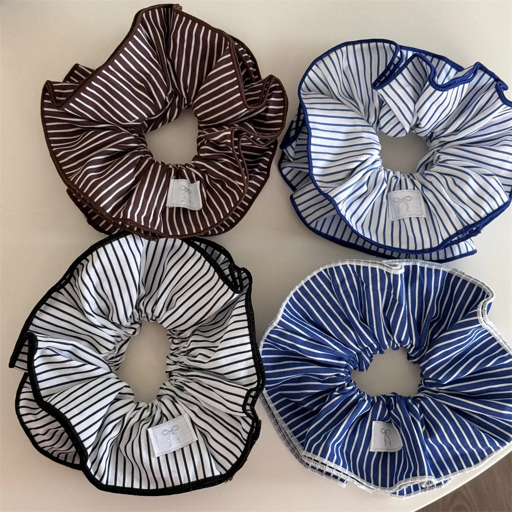 Hair Scrunchy Blue Striped Double Layer Fabric Soft Sweet Women Hair Tie Versatile Durable for Daily Home Office Travel