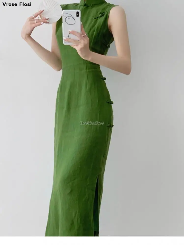 วินเทจจีน Qipao ชุดสีเขียวมรกตแขนกุดเอว Cinching High Slit Elegant สวมใส่ทุกวัน Breathable ผ้าลินินเซ็กซี่ชุด