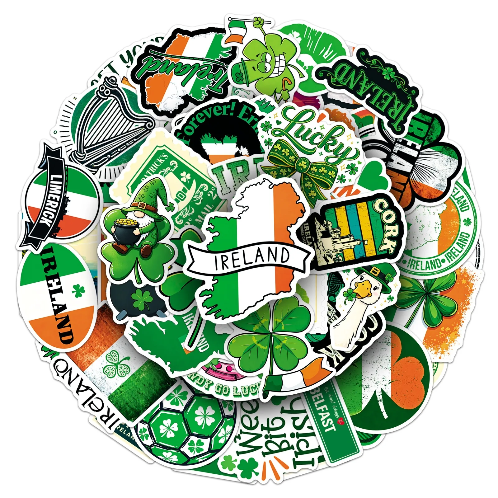 50Pcs Irish Stickers Unique National Symbols Shamrock Flag Outdoor Suitcase Milk Tea Cup Stationery Stickers